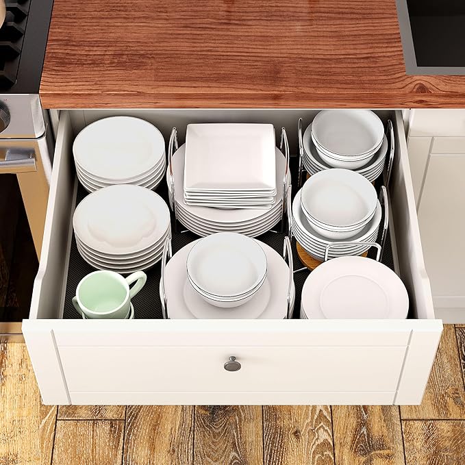 Dish Rack for Kitchen Countertop Organizer - Bamboo Plate Organizer for Cabinet Space Saver, Adjustable Stainless Steel 304 Plate and Bowl Holder with Portable Handle for Drawer Cupboard Shelf RV