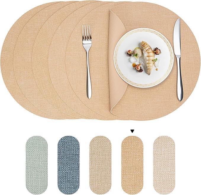 Round Wipeable Placemats Set of 6 – Faux Leather Round Table Mats, Waterproof & Washable Vinyl Placemats, Circle Design for Dining Table Decor– Warm Tan