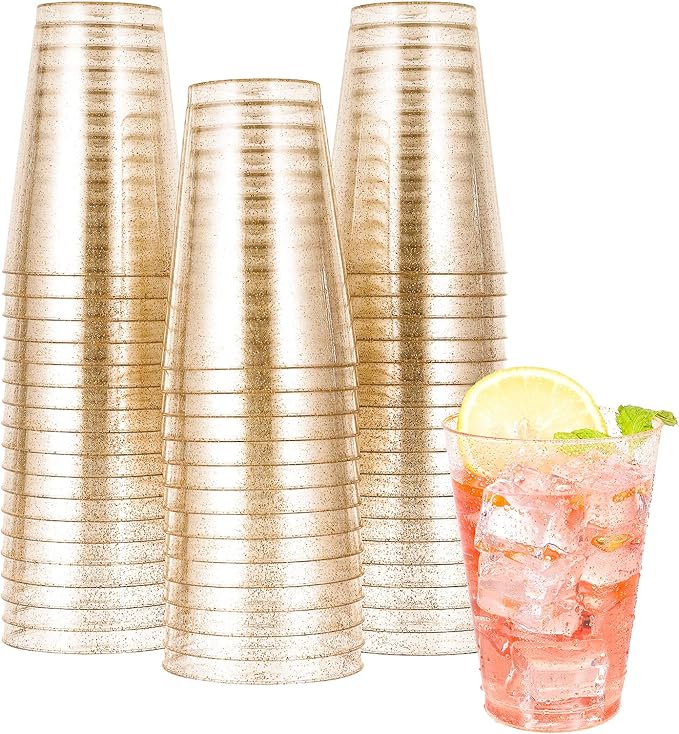 JOLLY CHEF 14 oz 50 Pack Gold Plastic Cups, Disposable Gold Glitter Plastic Cups Tumblers, Ideal for Wedding Halloween, Thanksgiving, Christmas Parties