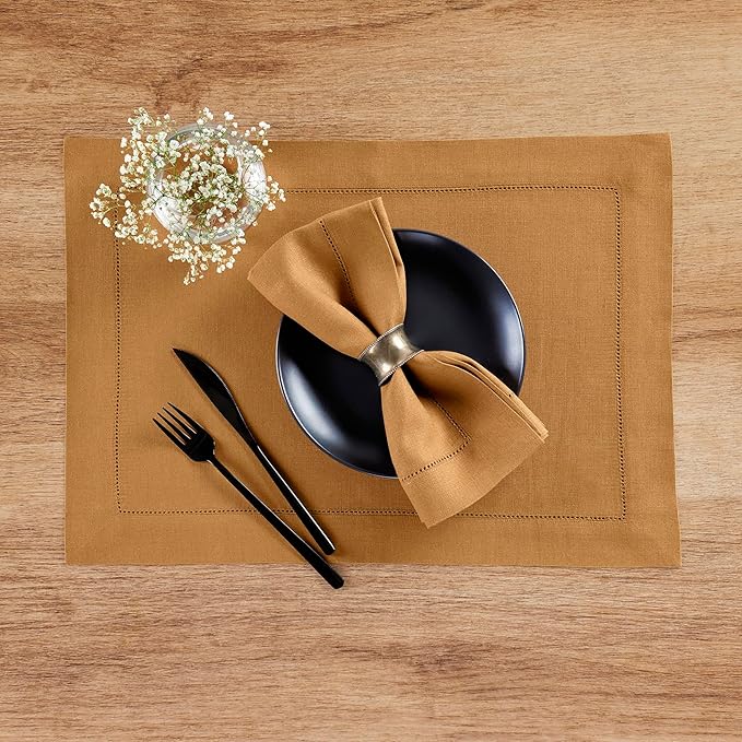 Solino Home Linen Cloth Napkins Set of 4-100% Pure Linen Brown Sugar Dinner Napkins 20 x 20 Inch - Classic Hemstitch, Handcrafted and Machine Washable