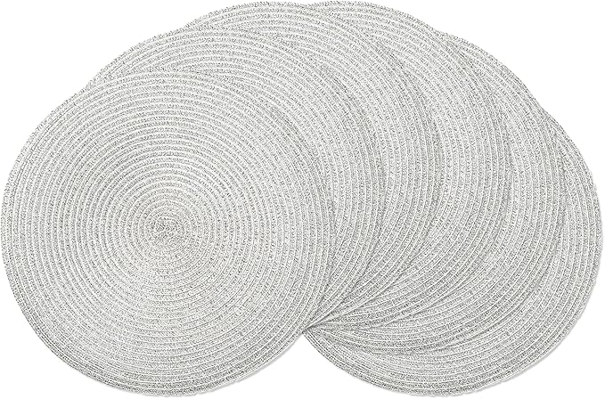 AHHFSMEI Round Braided Placemats 15 Inch Round Table Mats for Dining Tables Natural Woven Heat Resistant Place mats Set of 6 (Silver Shine)