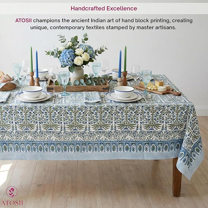 ATOSII Nargis Blue 100% Cotton Rectangle Summer Tablecloth, Indian Block Print Floral Table Cloth I Dining Parties Weddings Outdoors Holidays 60 X 90 Inches 6 Seater I Grandmillennial Farmhouse Boho