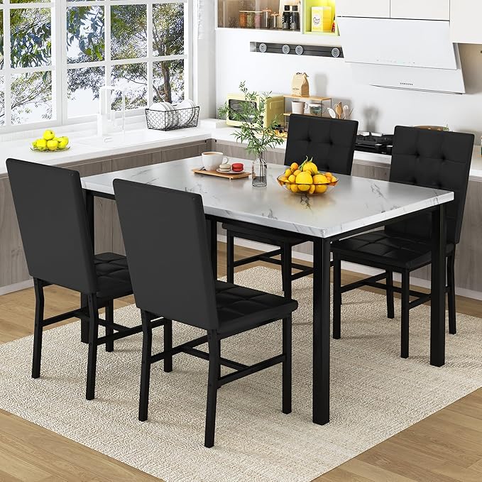 AWQM Dining Table Set for 4,Faux Marble Kitchen Table and Chairs Set of 4, Modern Dining Room Table Set for 4,Dinner Table with 4 Leather Chairs, Dinette Set for Small Spaces (White & Black)