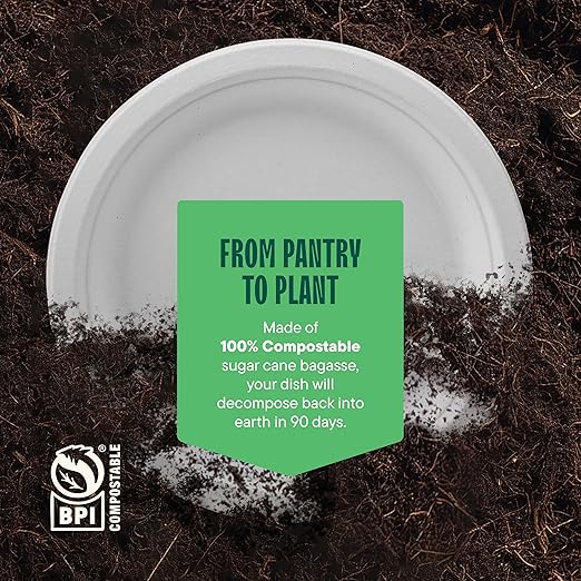 Stack Man 100% Compostable Paper Plates 9 Inch Heavy-Duty [125-Pack] Eco-Friendly White Bagasse Disposable Plates Made of Natural Sugarcane Fibers - 9" Biodegradable Plate (BPI-Certified) (PFAS-Free)