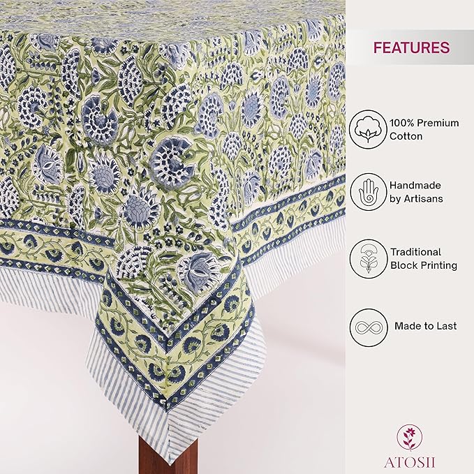 ATOSII Amara 100% Cotton Fall Tablecloth, Handblock Floral Print Rectangle Linen for Kitchen Dining I Parties Wedding Outdoors Picnics Easter I Spring Summer 72 X 120 Inches I 10 Seater Table