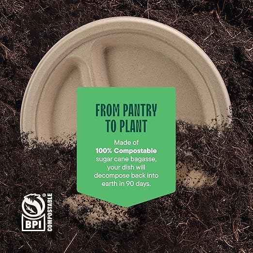 100% Compostable Paper Plates 9 Inch Bulk [500 Count] Heavy-Duty Dinner Plates with Compartments - Natural Brown Color Bagasse - Eco-Friendly Disposable Biodegradable Sugarcane - [Case 4/125 Pack]