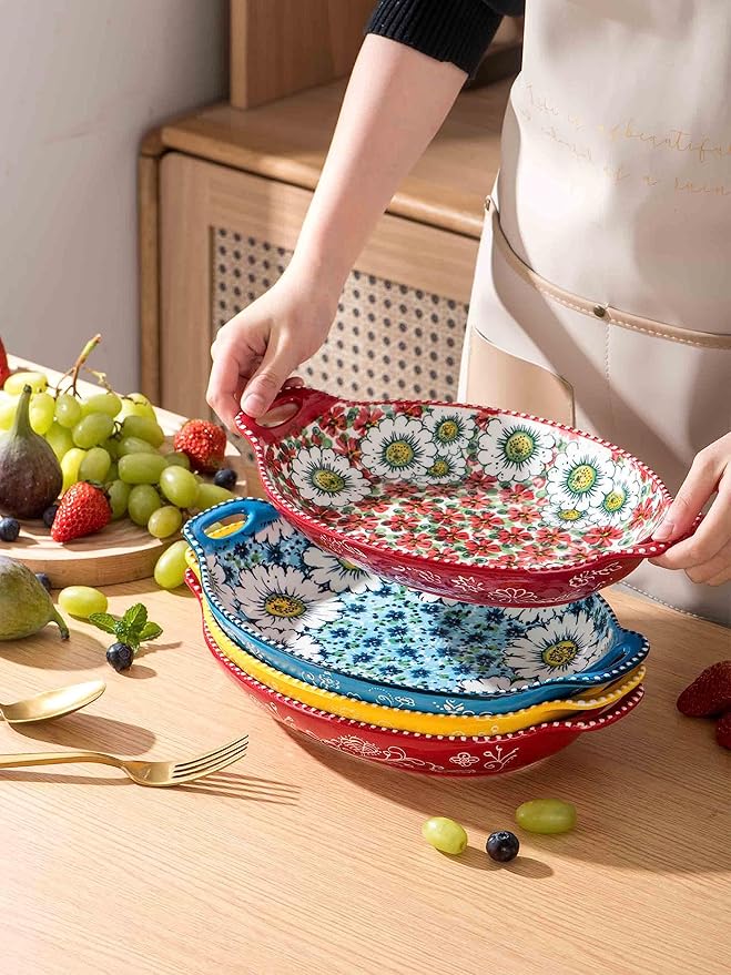 Henten Home Pasta Bowls with Handle, 32 oz Porcelain Salad Bowls Set of 4, Ceramic Colorful Serving Dishes for Dinner, Vegtable, Fruit, Microwave & Dishwasher Safe