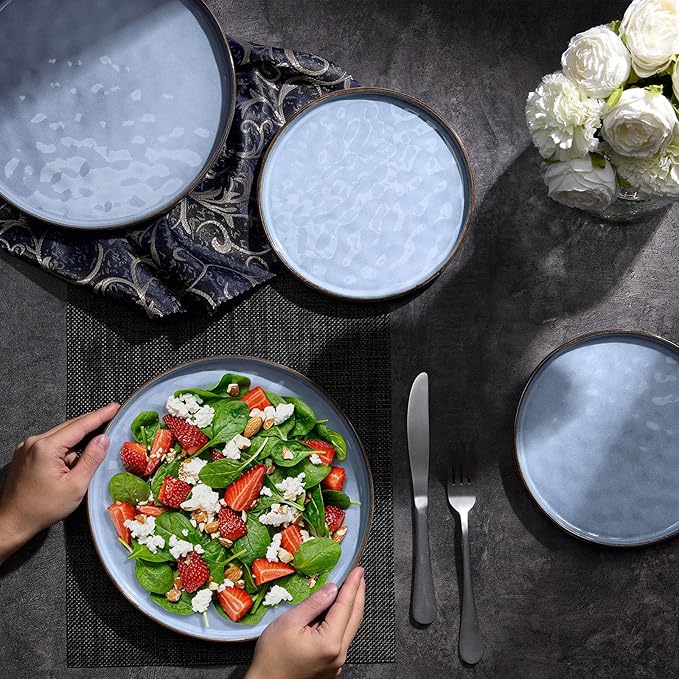 LIANYU Ceramic Dinner Plates Set for 4, 7.9In Porcelain Kitchen Salad Dessert Serving Dishes Set, Modern Round Stoneware Dinnerware Appetizer Plates, Scratch Resistant & Microwavable, Serenity Blue