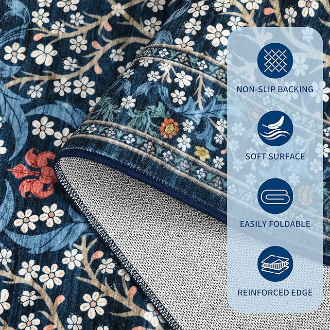 GarveeHome 8x10 Area Rugs, Washable Rugs for Living Room Non Slip Stain Resistant Ultra Soft Floral Rug, Boho Carpet Floor Mat for Bedroom Dining Room Nursery Playroom Office, Dark Blue