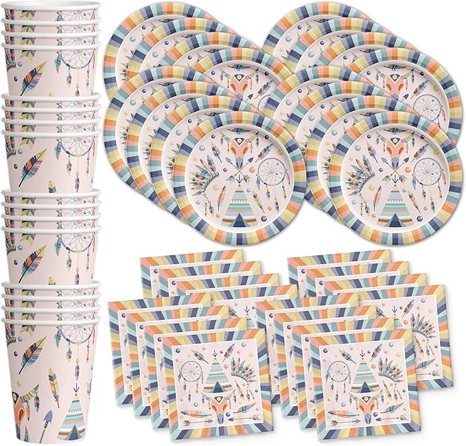 Tribal Boho Birthday Party Supplies Set Plates Napkins Cups Tableware Kit for 16