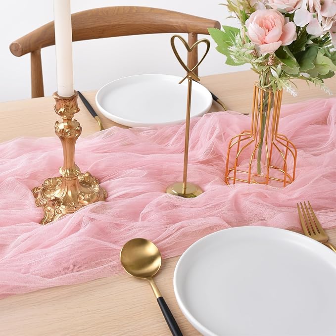 Joanlody Blushing Pink Cheesecloth Table Runner Spring Easter 10Ft Rustic Gauze Boho Cheese Cloth Table Runner for Wedding Bridal Baby Shower Decoration 4 Pack
