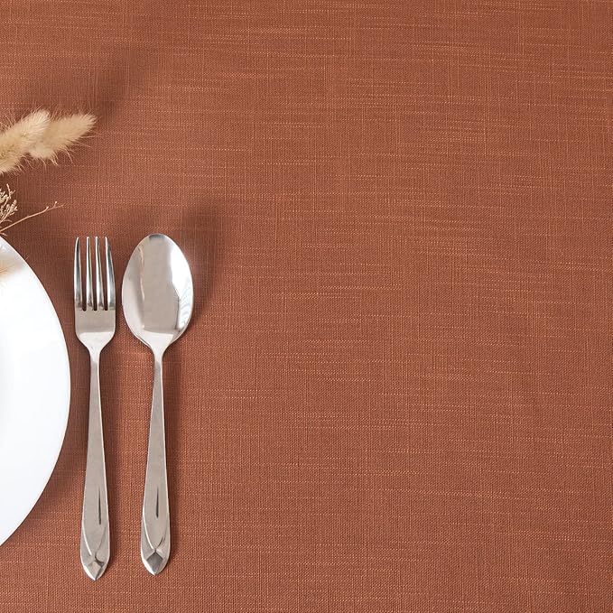 maxmill Lux Faux Linen Tablecloth with Slubby Yarn Textured Weaves Wrinkle Free Soft Table Cloth for Kitchen Dining Tabletop for Fall Harvest Thanksgiving Decorations Rectangle 60 x 84 Inch Rust