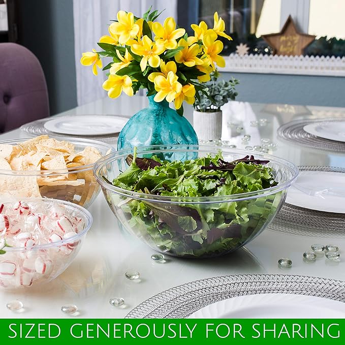 PLASTICPRO Disposable Combo Set of Salad Bowl Includes 2, 48 Ounce 2, 96 oz 2, 150 Ounce Round Crystal Clear Plastic Serving Bowl