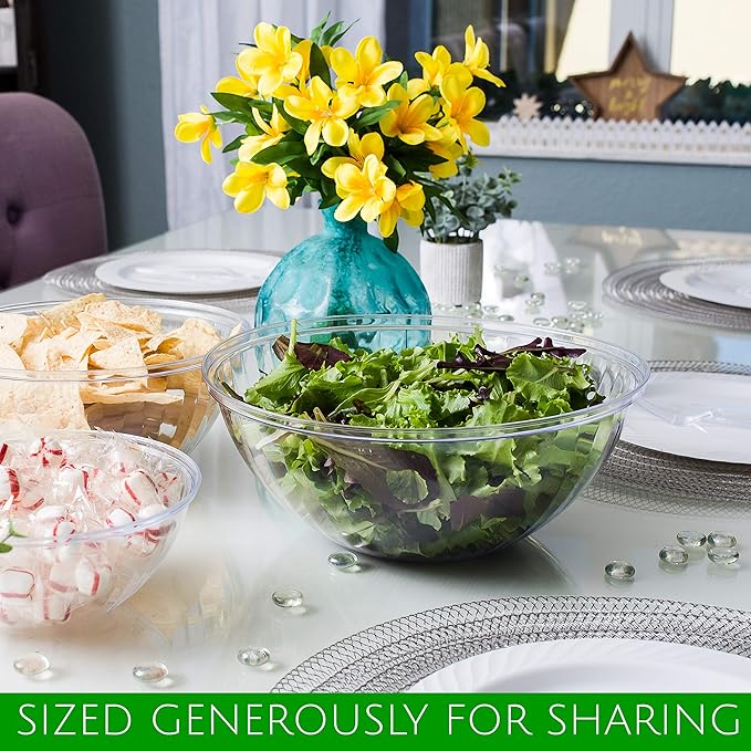 PLASTICPRO Disposable Combo Set of Salad Bowl Includes 4, 48 Ounce 4, 96 oz 4, 150 Ounce Round Crystal Clear Plastic Serving Bowl