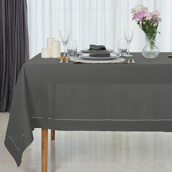 D'Moksha Homes Charcoal Grey Linen Tablecloth for Rectangle Tables 60 x 102 Inch - Classic Hemstitch 100% Pure Linen Grey Table Cloth - Machine Washable Dining Tablecloth for Spring, Easter