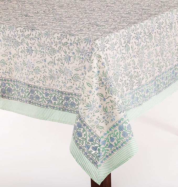 ATOSII Aster Blue 100% Cotton Rectangle Boho Fall Tablecloth, Handblock Floral Table Cloth Linen for Kitchen Dining I Parties Wedding Outdoors Christmas Thanksgiving I Fall Home Decor 60 X 90 Inches
