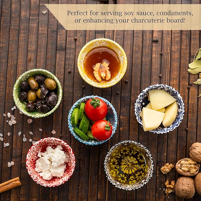 Ceramic Small Dipping Bowls Set of 6, 3.5 Oz Soy Sauce Dish, Handmade Charcuterie, Colorful Pinch, Dishwasher & Microwave Safe Sauce, 3.2'' Mini (DAISY MEDLEY)