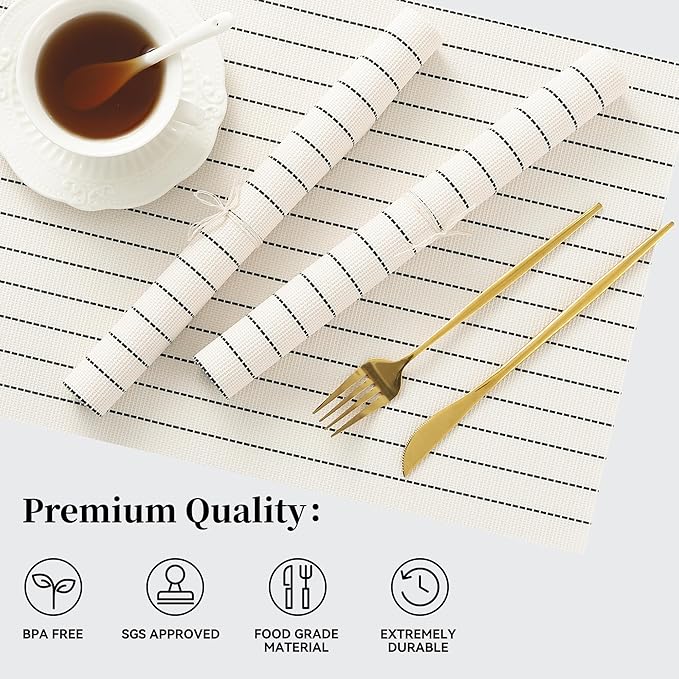 Leetaltree White with Black Stripes Placemats Set of 4 - Heat Resistant Non-Slip Place mats for Dining Table, Washable Durable PVC Vinyl Woven Table Mats（White Stripes, 4）