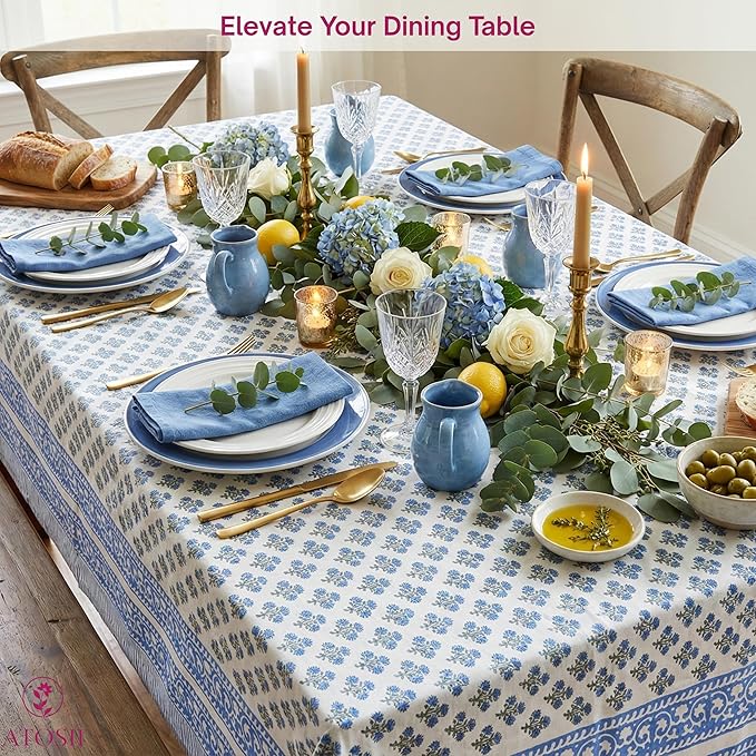 ATOSII Gulbahar Blue 100% Cotton Fall Rectangle Tablecloth, Handblock Print Floral Table Cloth for Kitchen Dining Linen I Thanksgiving Christmas Weddings Outdoors I 72 X 140 Inches I 12 Seater