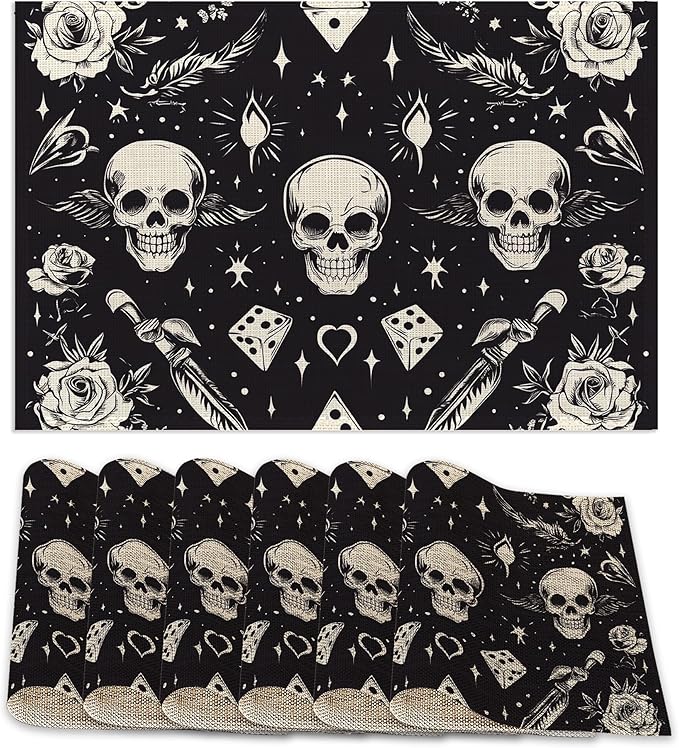Skull Head Placemats Set of 6,Rose Table Mates Non-Slip Heat Resistant Washable Linen Place Mats for Party Kitchen Dining Decoration Indoor Outdoor 12"x18"