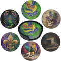 Mardi Gras Coasters Leather Round Drink Coasters 6 Pcs Set with Holderor for Cup Drink Coffee Table Bar Home Decor