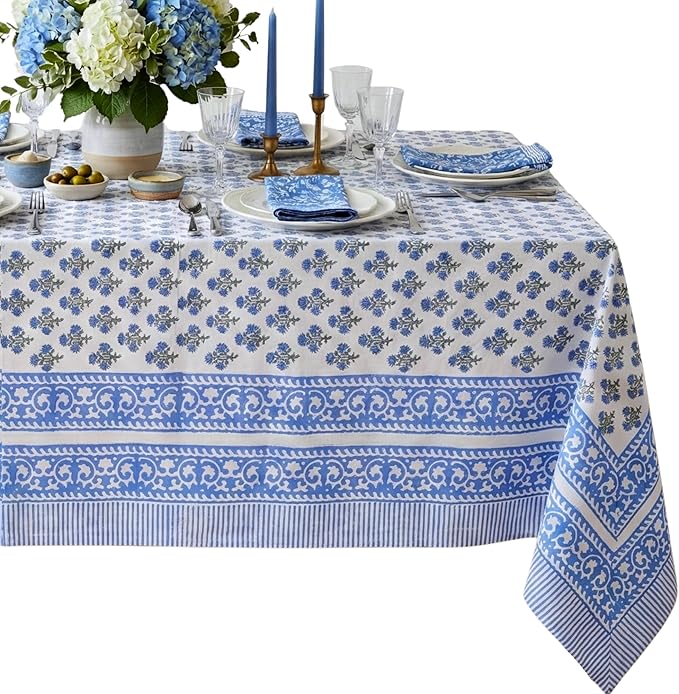 ATOSII Gulbahar Blue 100% Cotton Fall Rectangle Tablecloth, Handblock Print Floral Table Cloth for Kitchen Dining Linen I Thanksgiving Christmas Weddings Outdoors I 72 X 120 Inches I 10 Seater