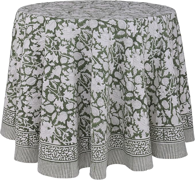ATOSII Meraki Green 100% Cotton Round Tablecloth, Handblock Print Floral Table Cloth for Kitchen Dining Linen I Parties, Weddings, Outdoors, Christmas I Fall Home Decor 60" Inches Round