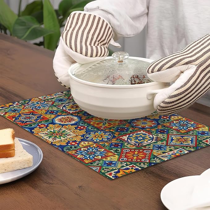 Mexican Tile Placemats Set of 6,Geometric Floral Table Mates Non-Slip Heat Resistant Washable Linen Place Mats for Party Kitchen Dining Decoration Indoor Outdoor 12"x18"