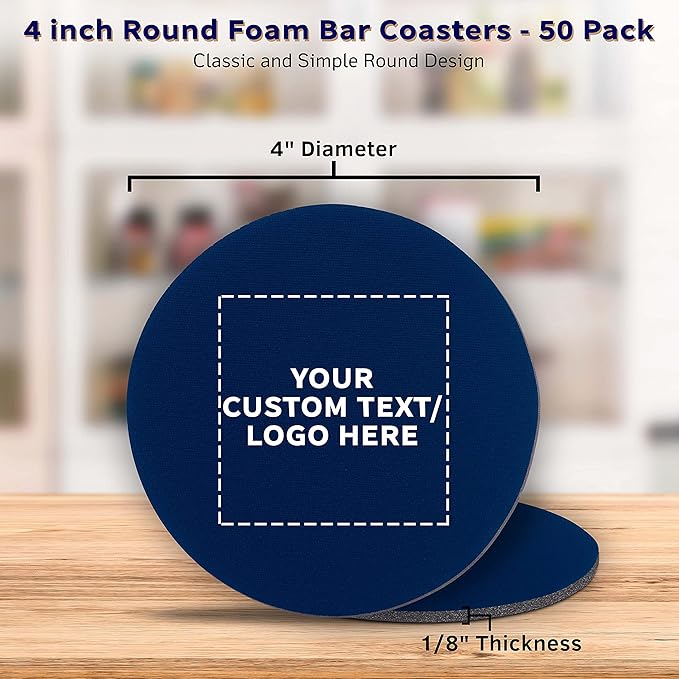 50 Round Foam Bud Coasters Pack, 4 inch - Customizable Text, Logo - PU Foam, Party Favor - Navy Blue