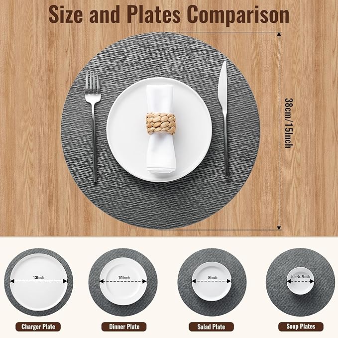 Jovono 15" Faux Leather Big Round Placemats Set of 8 - Washable Heat Resistant Non-Slip Dining Table Mats with Fabric Texture for Kitchen Home Party Decor, Gray