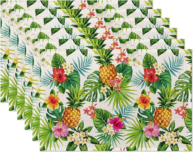 Pineapple Placemats Set of 6,Summer Hawaiian Tropical Fruit Palm Leave Flower Table Mats Non-Slip Heat Resistant Washable Placemat for Party Kitchen Dining Table Decoration Indoor Outdoor