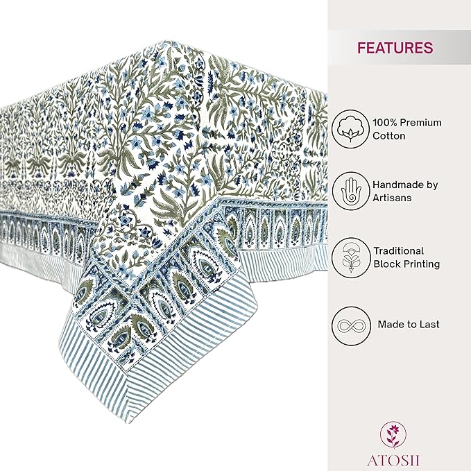 ATOSII Nargis Blue 100% Cotton Rectangle Summer Tablecloth, Indian Block Print Floral Table Cloth I Dining Parties Weddings Outdoors Holidays 60 X 90 Inches 6 Seater I Grandmillennial Farmhouse Boho
