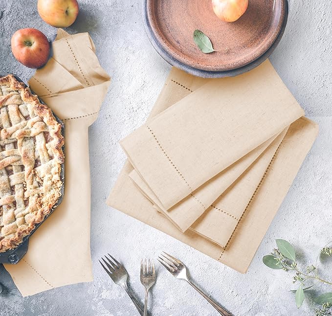 Lightnpro Flax Linen Napkins Set of 12 – Hemstitched Dinner Cloth Napkins, Washable and Reusable Natural Flax Napkins for Dining, Parties, Weddings, Holiday & Everyday Use – 18x18 Inch Natural Color