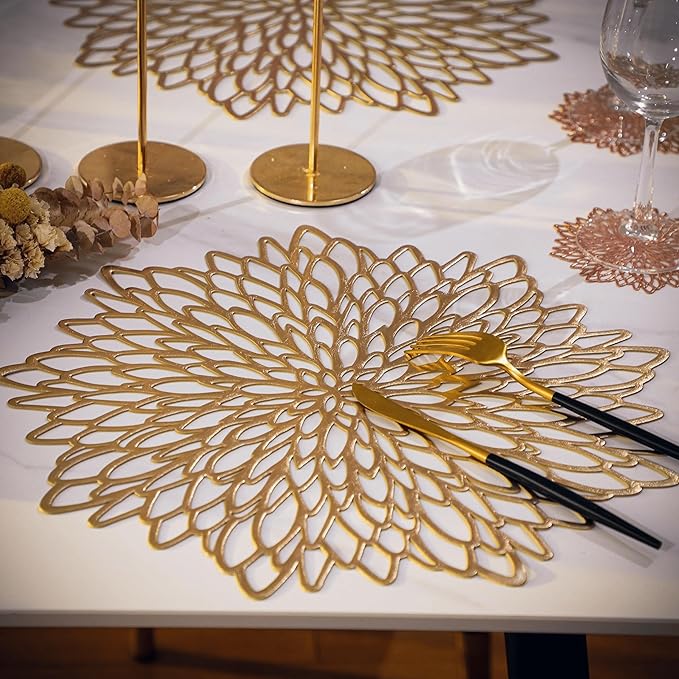 Snowkingdom 6 Pack Gold Placemats Metallic Pressed Vinyl Round Leaf Plastic Dinning Table Place Mats Fancy Decorative for Wedding Christmas Thanksgiving Holiday Spring Outdoor