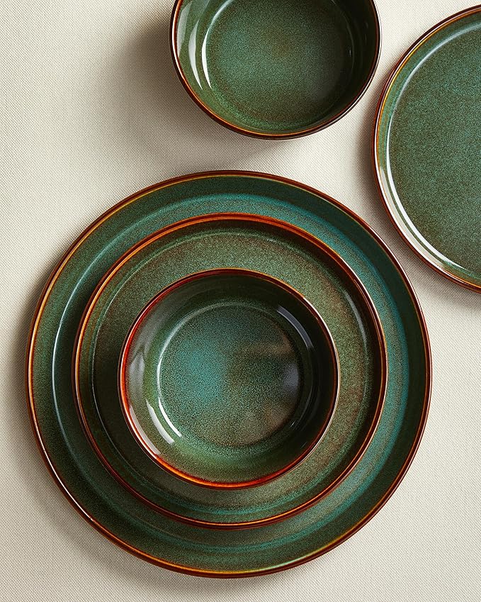 Plates and Bowls Sets for 8, Ceramic Dinnerware Sets, Kitchen Dish Set, Microwave & Dishwasher Safe Dishware, Highly Durable Handcrafted Dinner Set, Brown Green