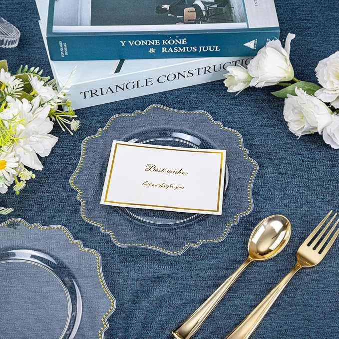 COLOSUS 100pcs Clear and Gold Plastic Plates Disposable Heavy duty Plastic Party Plates set Include 50 dinner plate and 50 dessert/salad plate for party/wedding