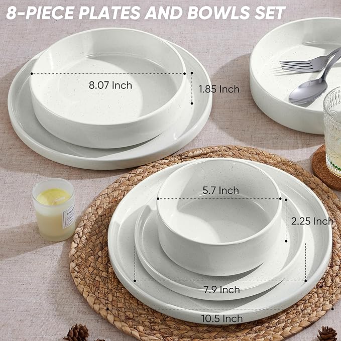 E-far 8-Piece Plates and Bowls Sets - Stoneware Dinnerware Sets with Pasta Bowls for 2 | Microwave & Dishwasher Safe Kitchen Modern Dish Set, Speckled White
