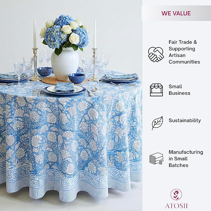 ATOSII Azora Blue 100% Cotton Round Spring Tablecloth, Handblock Print Floral Table Cloth for Kitchen Dining Linen I Parties, Weddings, Outdoors, Easter Holidays I 60" Inches Round