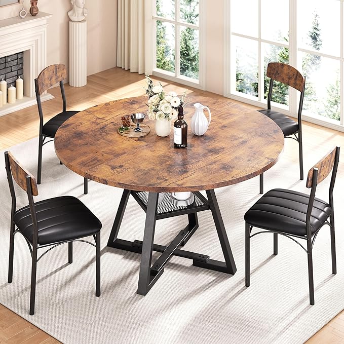 Round Dining Table Set for 4, Kitchen Table and Chairs for 4, Circle Table Round Pedestal Dining Room Dinner Dinette Table Set,5 Piece Space Saving Wood Kitchen & Dining Room Tables (Vintage, 42In)