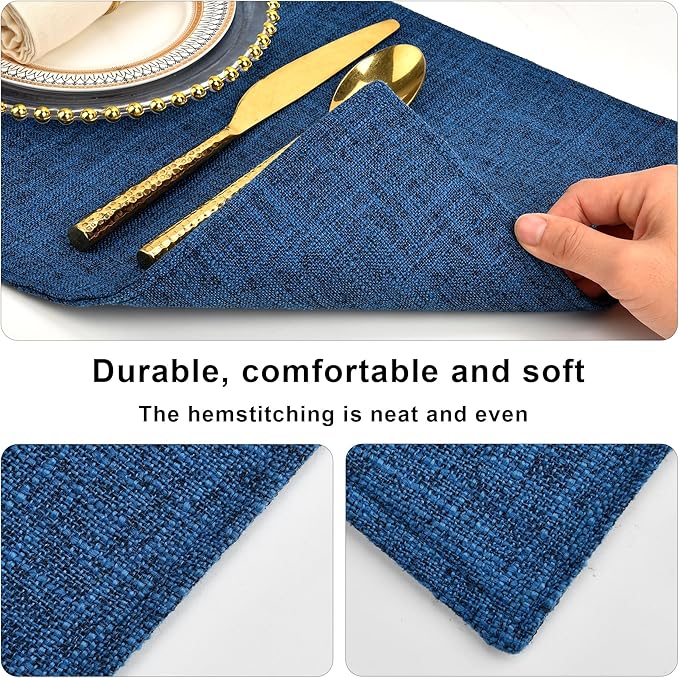 SLKQG Navy Linen Fabric Placemats Set of 4, Heat Resistant & Machine Washable Double-Layered Cloth Placemats for Dining Table, Indoor/Outdoor Use, Non-Slip Kitchen Table Mats (4, Navy)