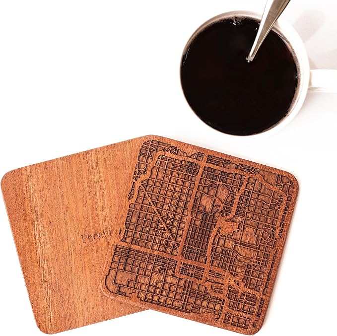 Phoenix Map Coaster by O3 Design Studio, Set Of 4, Sapele Wooden Coaster With City Map, Handmade