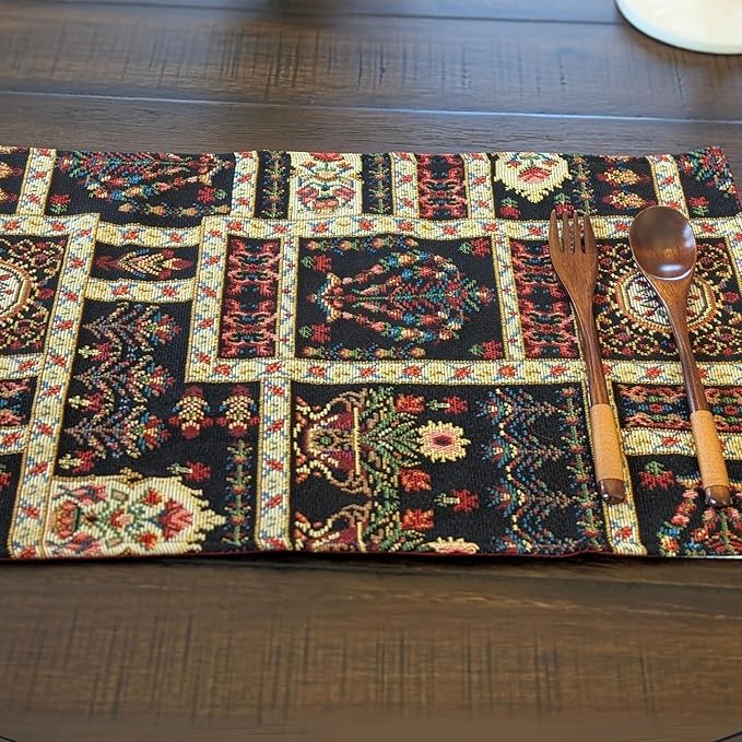 DaDa Bedding Turkish Batik Mughal Floral Tapestry Set of 4 Placemats - Woven Cotton Linen Kitchen Dining Table Mats - Multi-Colorful Black Vintage Indian Garden Ornament Dark Botanical - 13” x 19”