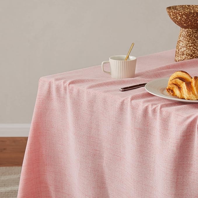 Linen Tablecloth with Tassels, Farmhouse Style Pink Tablecloth, Water Resistant Burlap Tablecloths for Rectangle Table, 52x70 Inch Pink