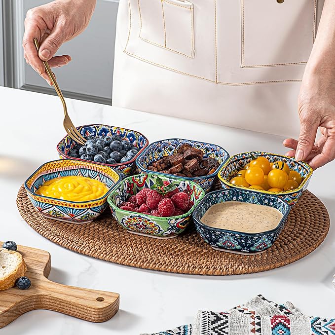 HENXFEN LEAD Boho Dipping Bowls – 8 oz Small Ceramic Snack Bowls, Square Soy Sauce Dish for Dips, Salsa, Side Dishes, Dessert – 4.3 Inch Appetizer Plates Set of 6
