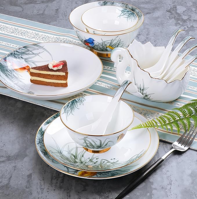 51 Pcs Fine Bone China Dinnerware Set,Porcelain&Ceramic Dinnerware Sets,Bone Stoneware & Ceramic Cookware Tableware Set Includes Dinner Plates|Spoons|Pasta Bowls|Soup Pot|Chopsticks