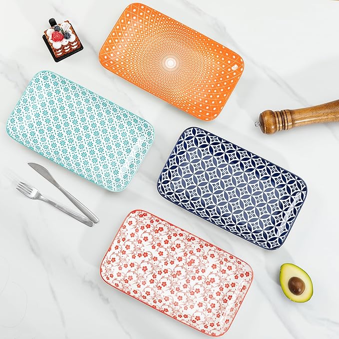 LEHAHA Ceramic Serving Platter, 12 x 7 inch Serving Trays for Party, Rectangular Serving Trays for Entertaining, Excellent Trays for Serving Food,Fruit,Cakes,Appetizers-Set of 4
