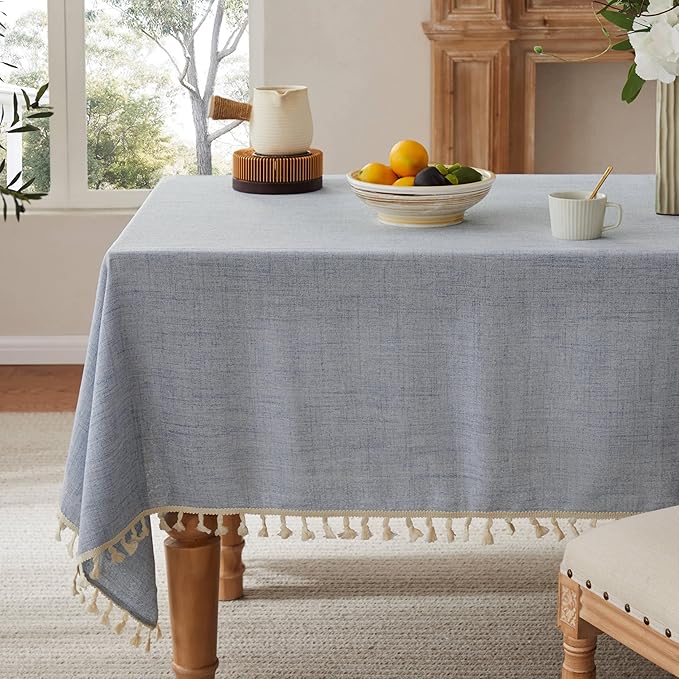 Linen Tablecloth with Tassels, Farmhouse Style Blue Tablecloth, Water Resistant Burlap Tablecloths for Square Table, 52x52 Inch Blue