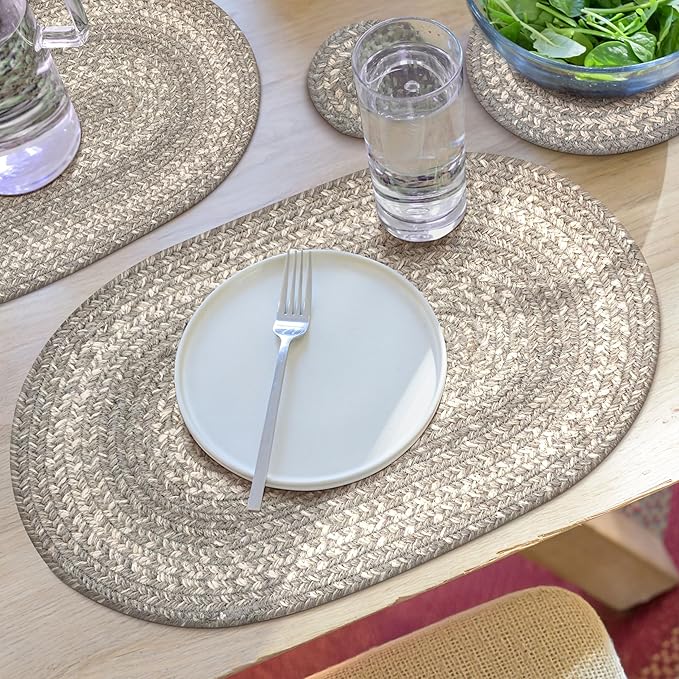 Homespice Grey Cloud Jute Braided Oval Placemats, Warm Farmhouse Decor, Set of 6, 13x19 Grey Table Mats - Vibrant Colors, Durable, Easy to Clean and Protects Furniture