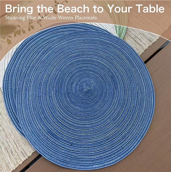 Blue Woven Placemats Set of 8,Washable Wipeable Woven TableMats Set of 8, Rattan Look Placemats,Blue ocen-Like placemats 15 Inch(Blue White)