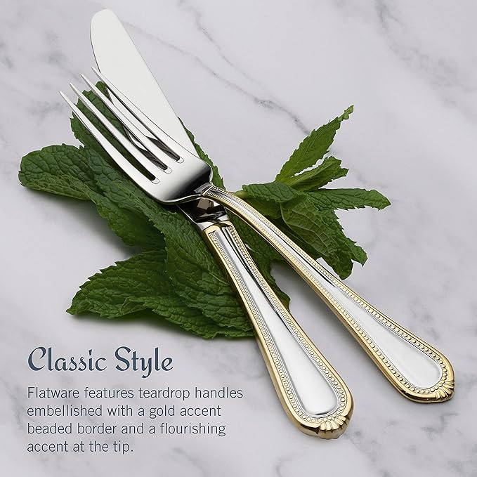 Mikasa, Gold Accent Regent Bead Flatware Service for 12, 65 Piece Set, 18/10 Stainless Steel, Silverware Set with Serving Utensils (Pack of 2)